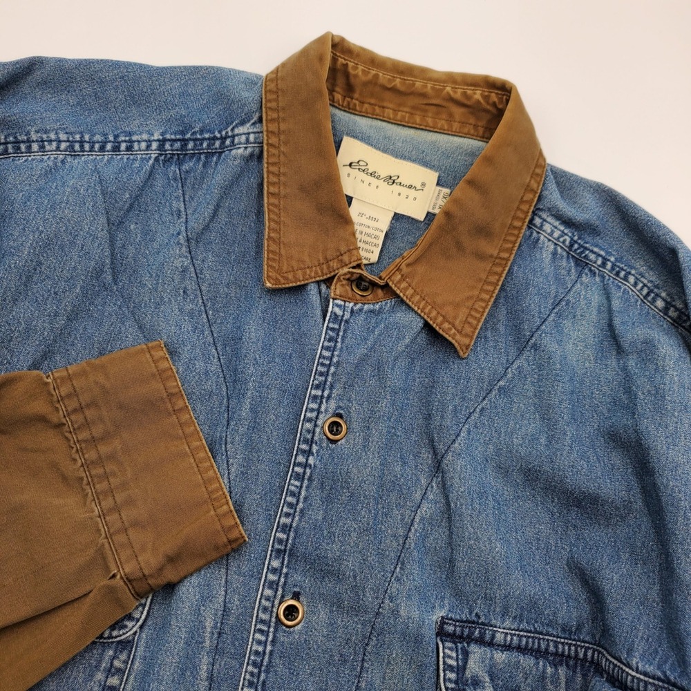 Eddie Bauer Vintage Mens XL Denim Canvas Two Tone Button Down Shirt Blue Tan